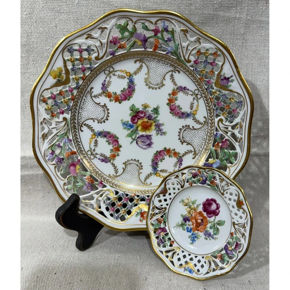 Schumann Arzberg Dresden Flowers Reticulated Porcelain Plate Bowl Set 5pc Gold